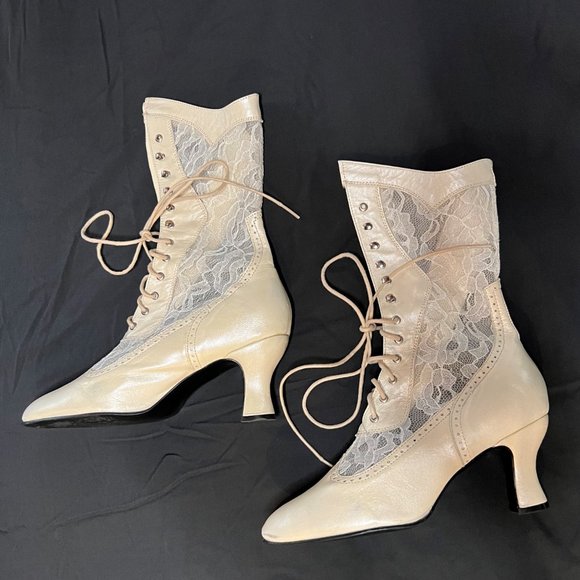Oak Tree Farms Vesper leather and lace Victorian wedding boots in beige pearl. - Picture 2 of 7